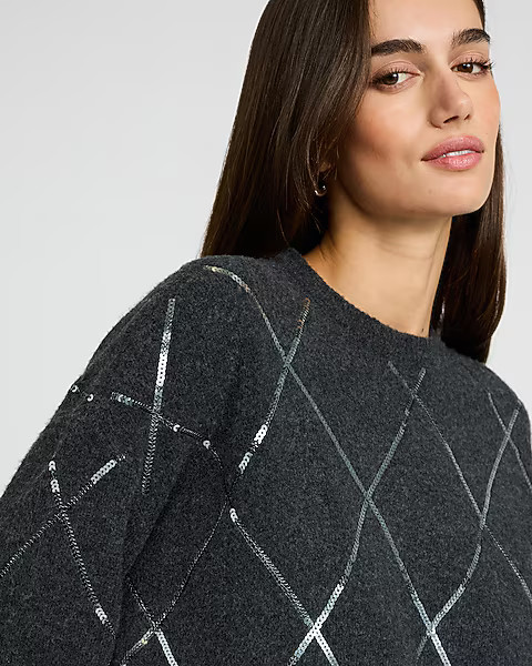 Sequin Argyle Crew Neck Sweater | Express