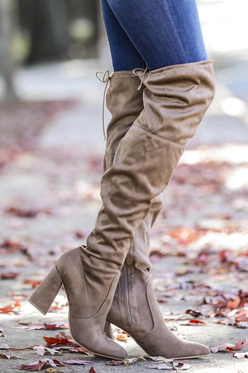 In High Gear Taupe Over The Knee Boots | Red Dress 