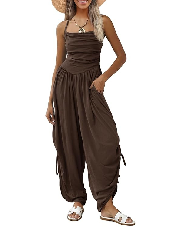Fisoew Womens Casual Jumpsuits Summer Halter Straps Sleeveless Overalls Ruched Barrel Wide Leg Si... | Amazon (US)