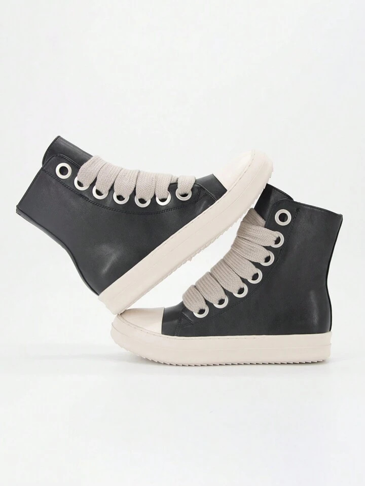 Fashion Women's Ankle Boots Black Platform Round Toe Thick Sole Shoes With Chunky Shoelaces Vulcanize Sports Casual Short Boots Flats | SHEIN