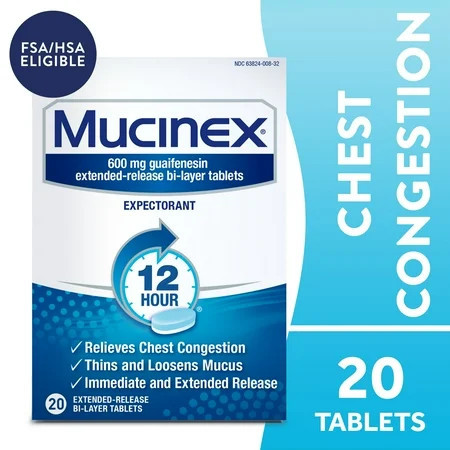 Mucinex 12 Hour Expectorant, OTC Medicine for Excess Mucus Relief, Chest Congestion, FSA, 20 Tablets | Walmart (US)