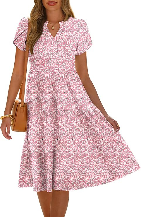 ANRABESS Womens Summer Causal Dresses V Neck Short Sleeve Midi Dress 2026 Flowy Tiered Boho Beach... | Amazon (US)