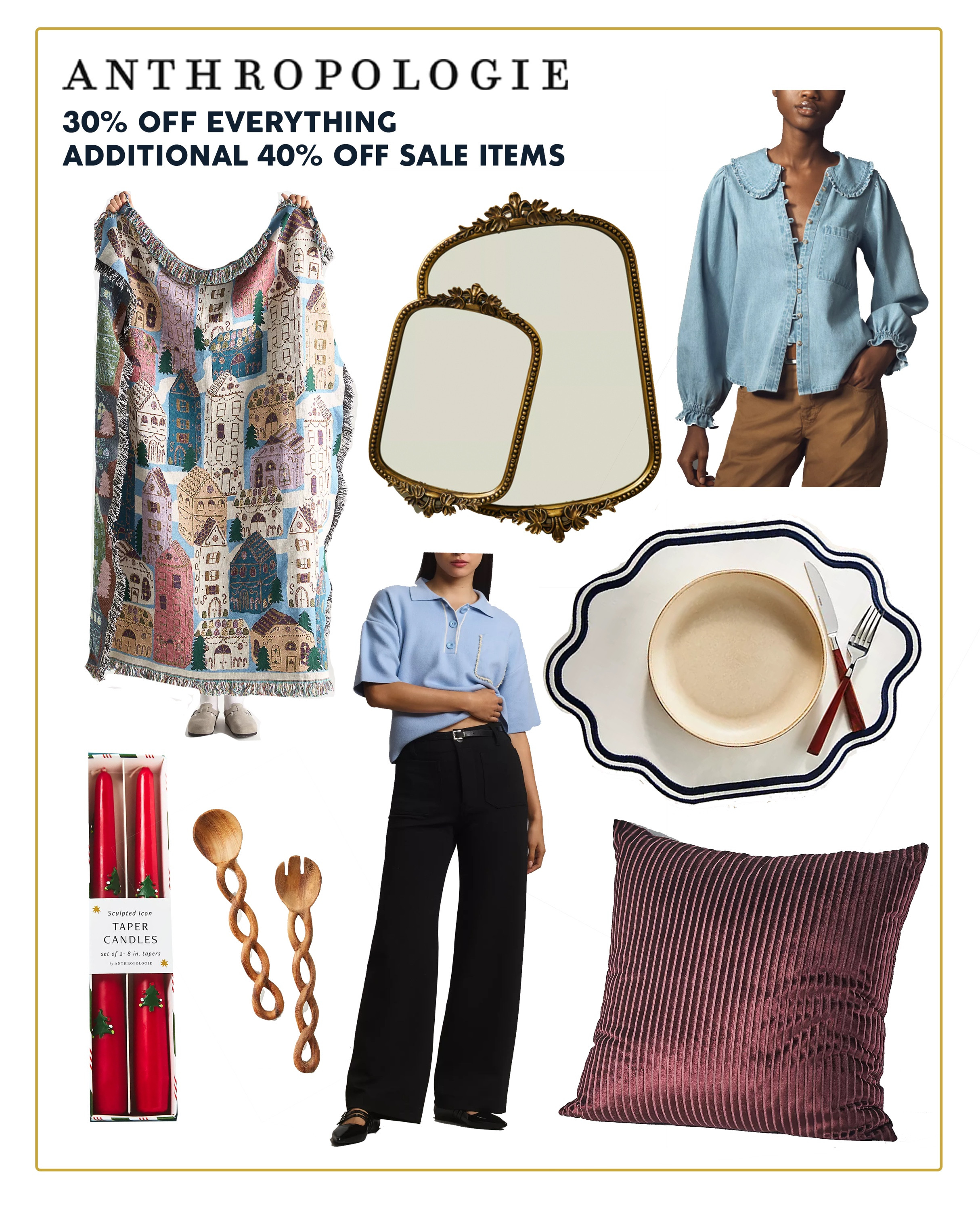 So many good Black Friday deals at Anthro - love these wide leg pants (we’ve reviewed them on stylebyemilyhenderson.com - just google colette pant review”), love this pillow and cottagecore blanket (just bought both!), and obviously, can’t get enough of the entertaining essentials or blouses. 

#LTKGiftGuide #LTKSaleAlert #LTKCyberWeek