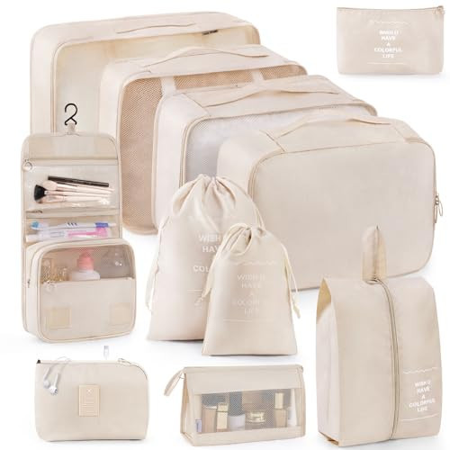 Anjing 11 Pcs Packing Organizers, Suitcase Packing Cubes with Laundry Bag/Shoe Bag/Toiletry Bag, Cable Organizer - Beige | Amazon (US)