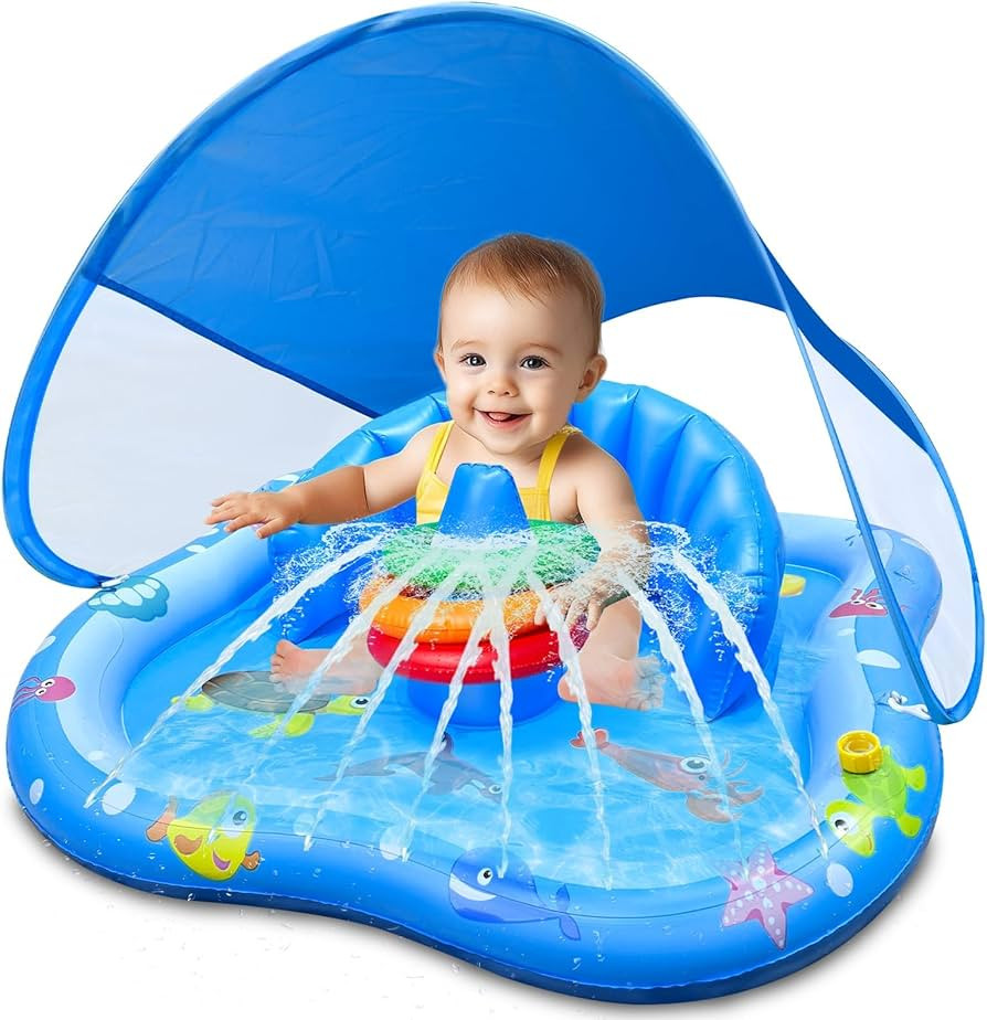 iGeeKid Baby Play Mat with Sprinkler, Inflatable Baby Pool Float with Canopy Backrest & Stackable... | Amazon (US)