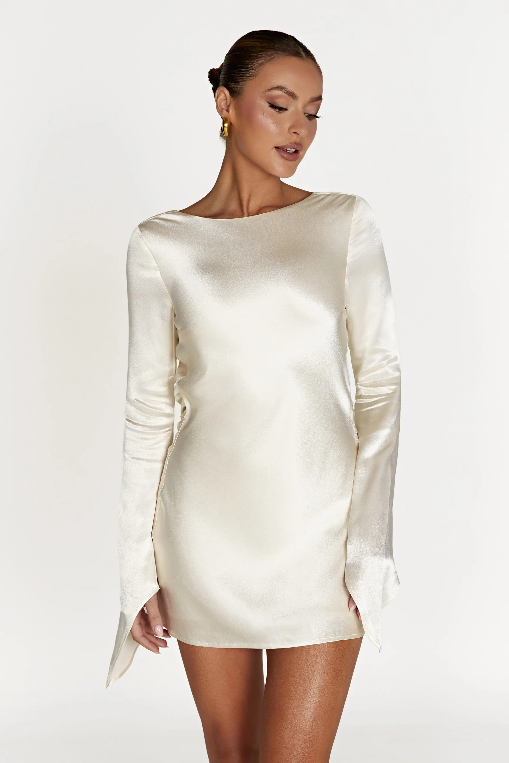 Davina Satin Long Sleeve Mini Dress - Ivory | Meshki (APAC)