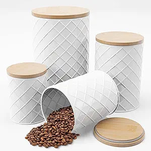 Pebble & Stem White Metal Canister Sets for Kitchen Counter, Kitchen Canisters Set of 4, Airtight... | Amazon (US)