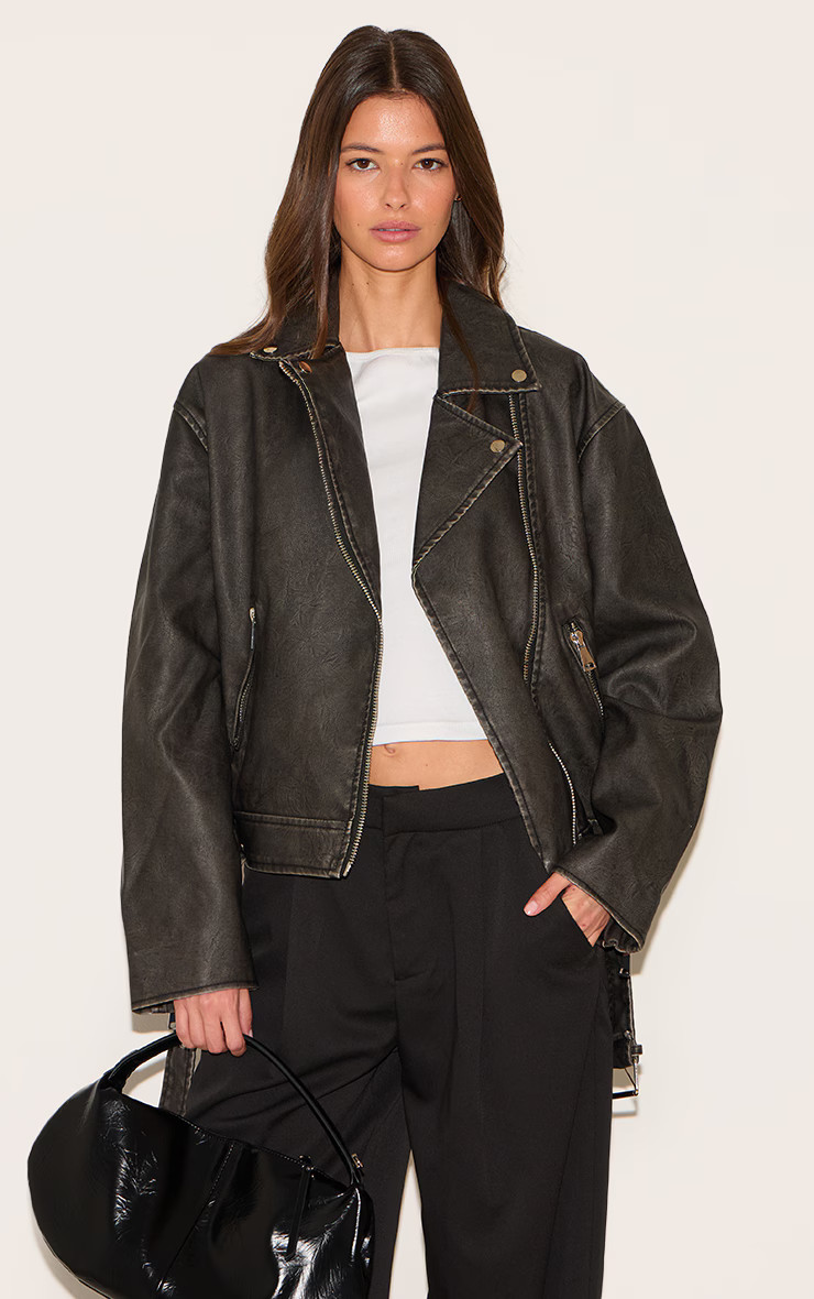 Black Vintage Faux Leather Oversized Zip Up Biker Jacket | Pretty Little Thing (Australia & New Zealand)