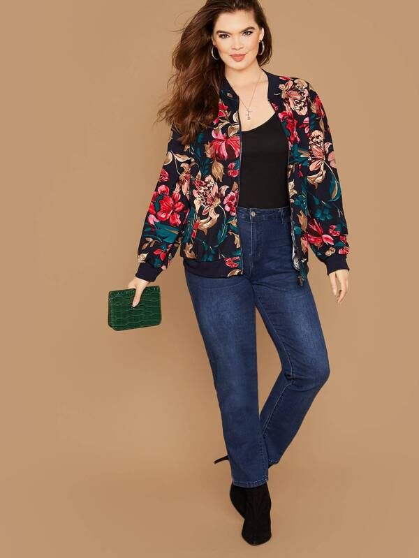SHEIN Plus Floral Print Zipper Up Bomber Jacket | SHEIN