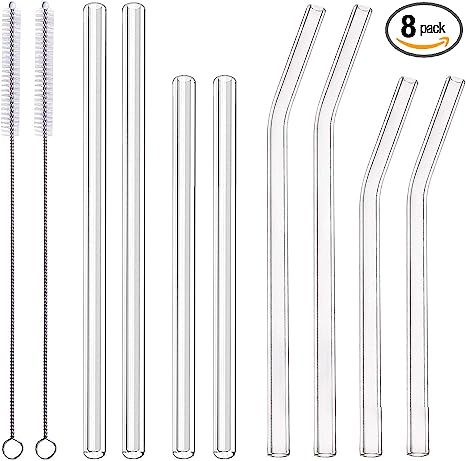 ALINK 8-Pack Clear Glass Smoothie Straws, 10mm Wide 10" + 9 " Long Reusable Drinking Straws with ... | Amazon (US)