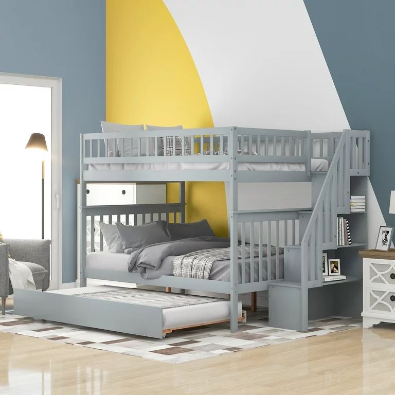Euroco Full over Full Bunk Bed with Trundle and Storage Shelves for Kids, Gray | Walmart (US)