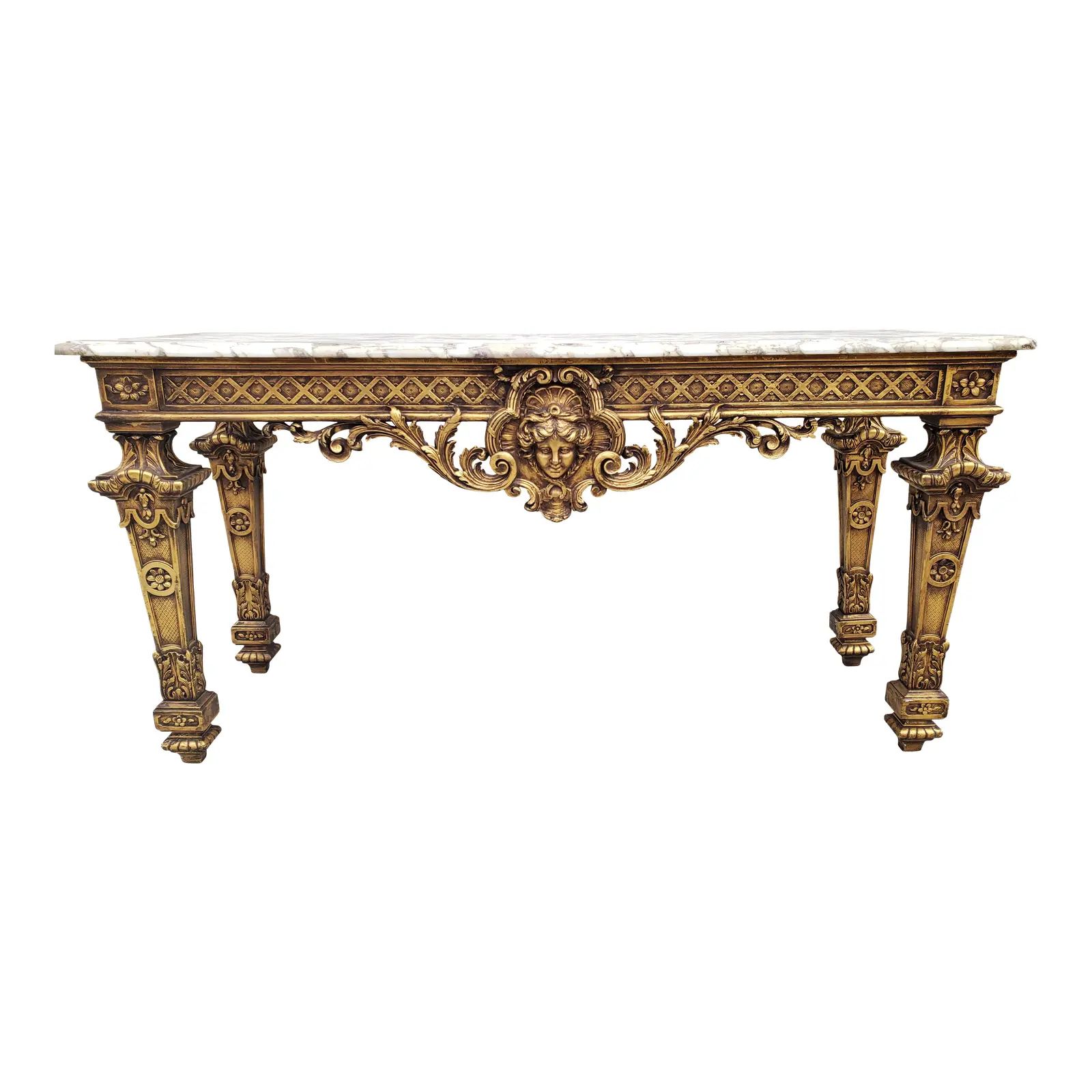 Antique Rococo Style Carved Giltwood & Marble Top Console Table | Chairish