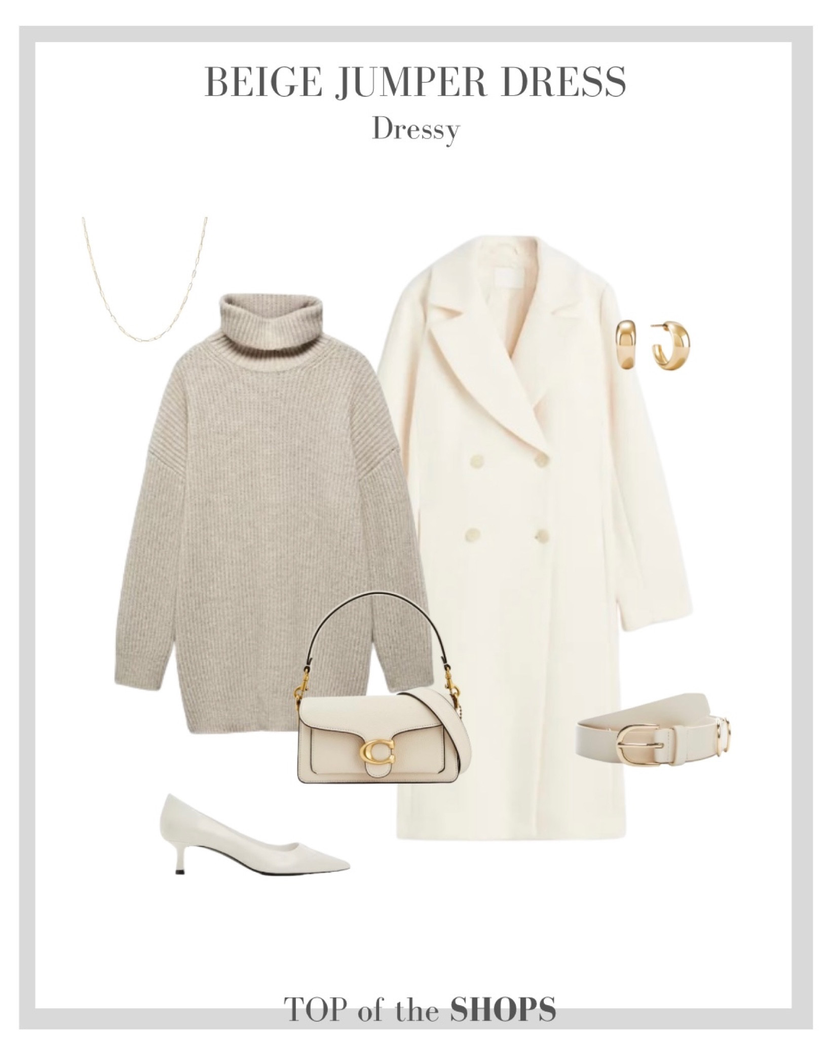 Beige Jumper Dress, Outfit Inspiration, Winter Style, Winter fashion, New in, Virtual Style, H&M, Mango, White wool coat, Coach bag, white belt, White Heels 

#LTKeurope #LTKstyletip #LTKSeasonal