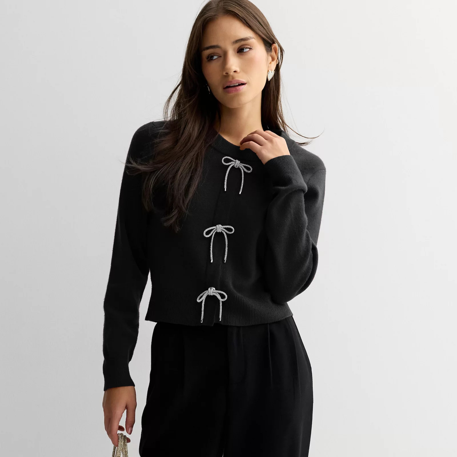 Juniors' madden girl Crewneck Embellished Bow Placket Sweater | Kohl's