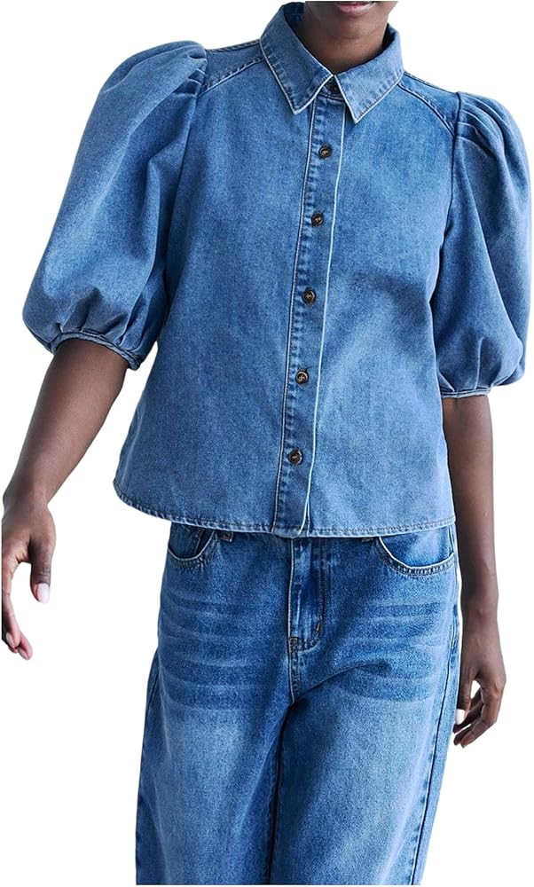 WDIRARA Women's Denim Shirt Button Down Puff Sleeve Blouse Collared Jean Tops | Amazon (US)