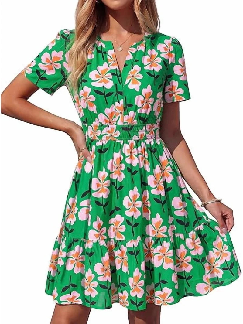 BTFBM Summer Dresses for Women Lightweight Casual Short Sleeve Floral Mini Dress A Line Beach Vac... | Walmart (US)