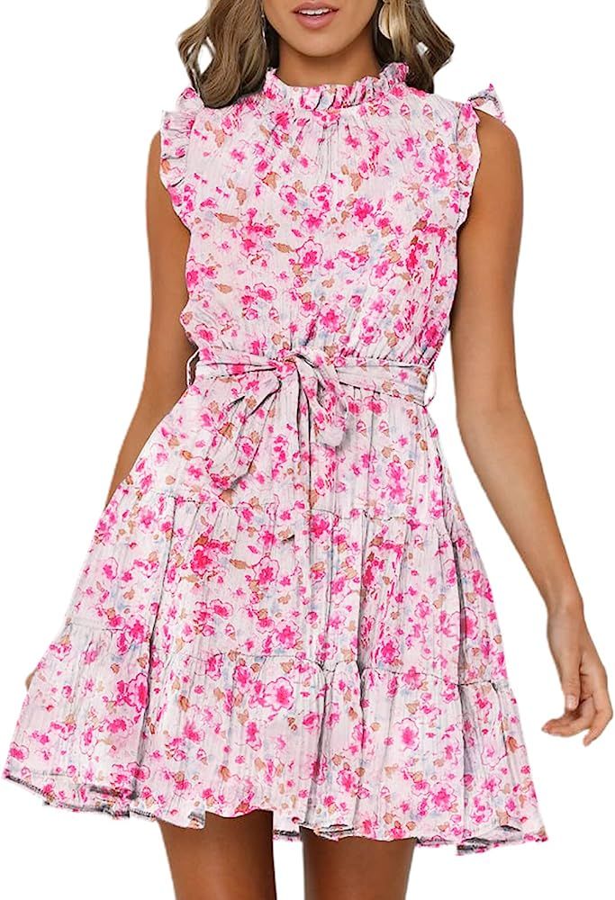 FARYSAYS Women's 2023 Summer Sleeveless Ruffle Waist Tie Casual Tiered Mini Swing Dress | Amazon (US)
