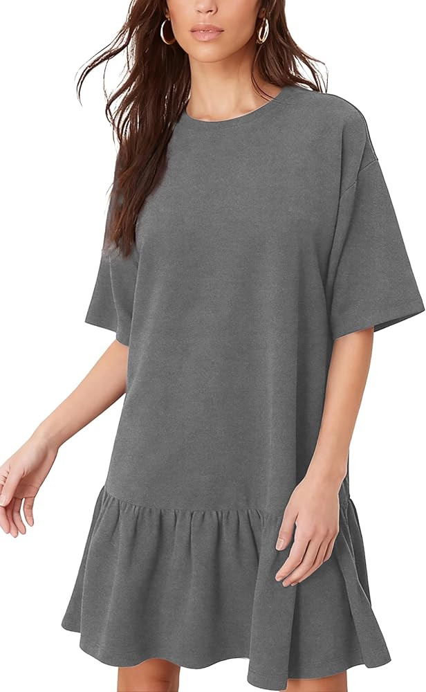 Women's Peplum Mini Dress Dropped Waist Ruffle Hem Oversized Fit Dress Crew Neck Casual Dress wit... | Amazon (US)