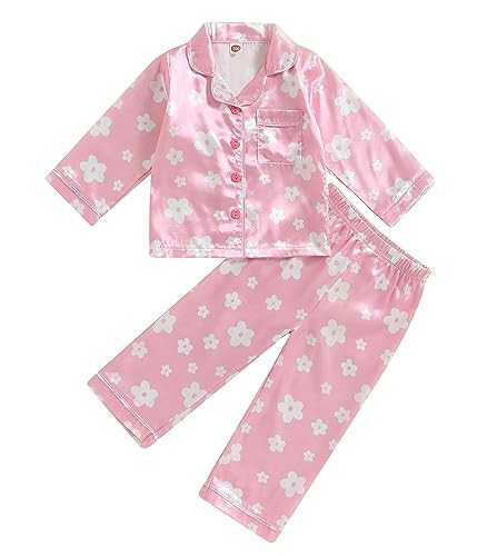 1-6Y Flower Girl Pajamas Long Sleeve Button-Up Silk Pajamas 2PC Toddler Girls' Top Pants Fall Satin Pajama Set (Pink#2 5T) | Amazon (US)