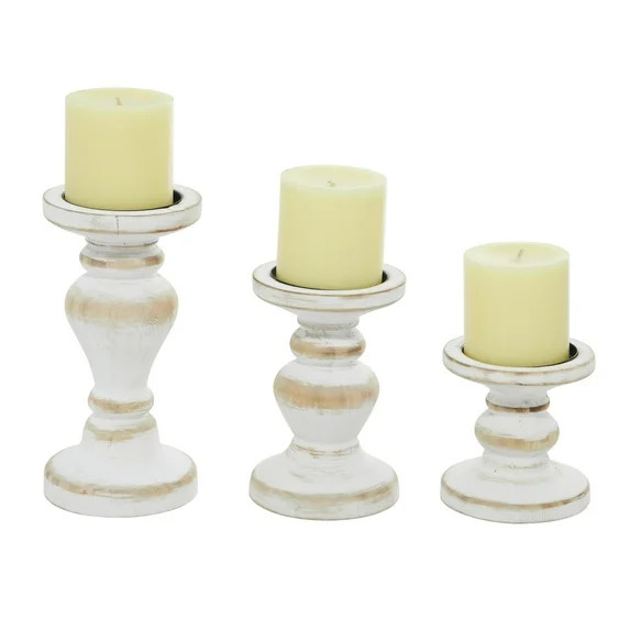 DecMode Farmhouse White Washed Wooden Curved Pillar Candle Holders Set of 3, 8", 6", 4"H Natural ... | Walmart (US)