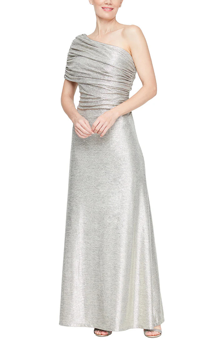 Long One Shoulder Metallic Knit Gown with Ruched Detail | Alex Evenings