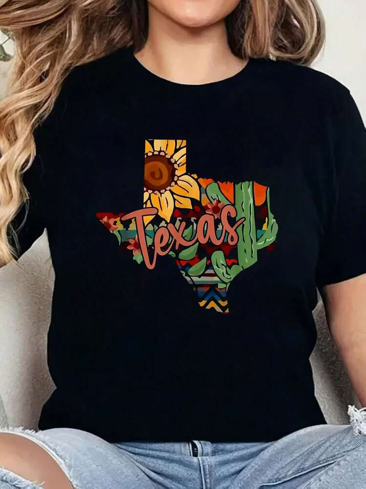 Plus Size - Women'S Texas Pride Graphic T-Shirt - Black Crew Neck Short Sleeve Top With Vibrant Cactus & Sunflower Print, Casual Summer Tee For Women, Casual Summer Tee | Vibrant Print Top | Comfortable Fit Shirt. For Women,Valentine Outfits For Women,Tops De Mujer, Vacation Outfits Women, Clothes Women,Vintage Summer Outfits For Women, Track Suit For Her.A Perfect Valentine's Day Gift For Your Loved One! | SHEIN