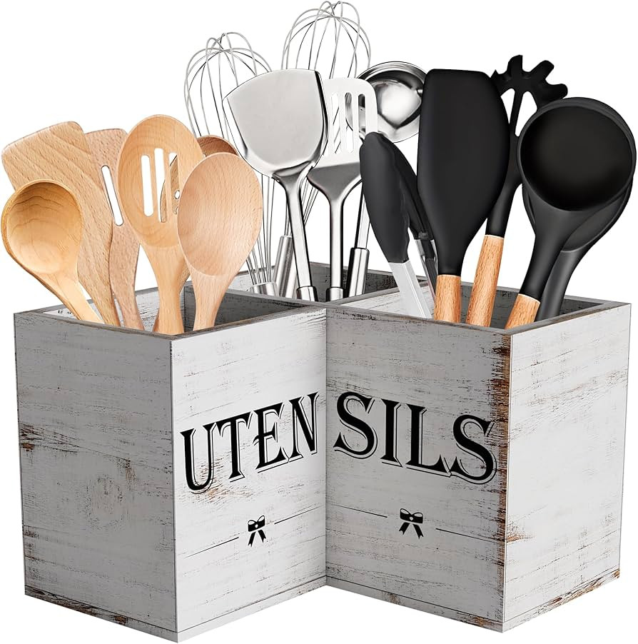 Suli Extra Large Kitchen Utensils Holder with 3 Compartments,Corner Shelf,Wooden Utensil Organize... | Amazon (US)