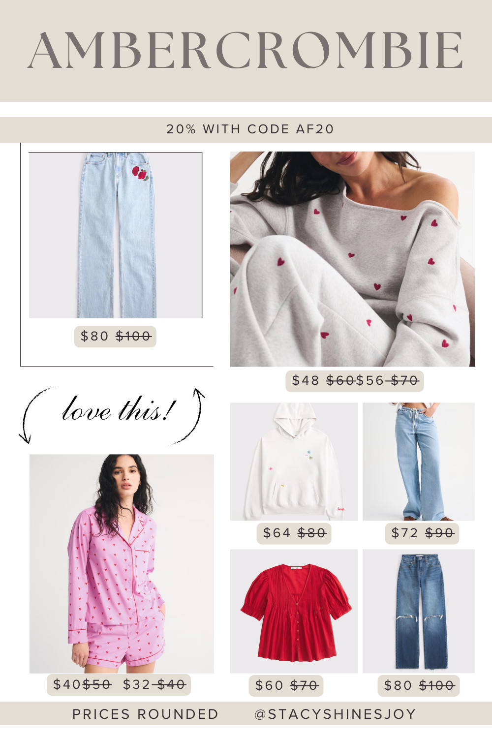 So many cute pieces thqt will last way beyond Valentine's day! plus everything is 20% off right now with code AF20
#valentinespajamas #heartpajamas #affordablejeans #ambercrombiesale
#valentinesoutfit 

 #LTKSeasonal #LTKOver40 #LTKSaleAlert