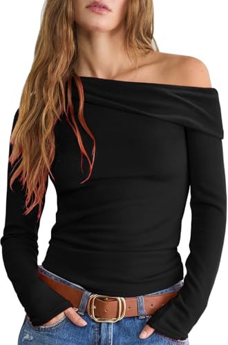 LIYOHON Women's Off The Shoulder Top Long Sleeve Shirts Sexy Slim Blouses Date Night Going Out One Shoulder Tops Black-XL | Amazon (US)