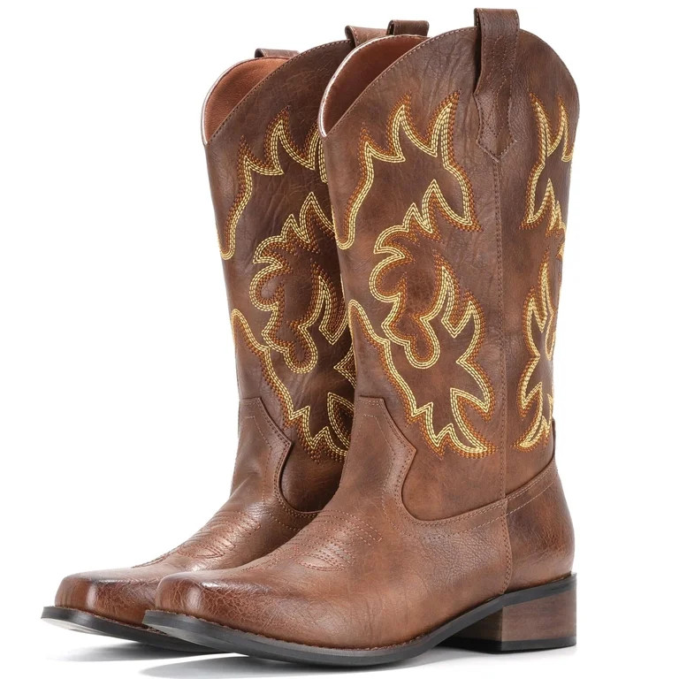 IUV Cowboy Boots For Women Square Toe Cowgirl Boots Mid Calf Western Boots Pull On Fashion Cowboy... | Walmart (US)