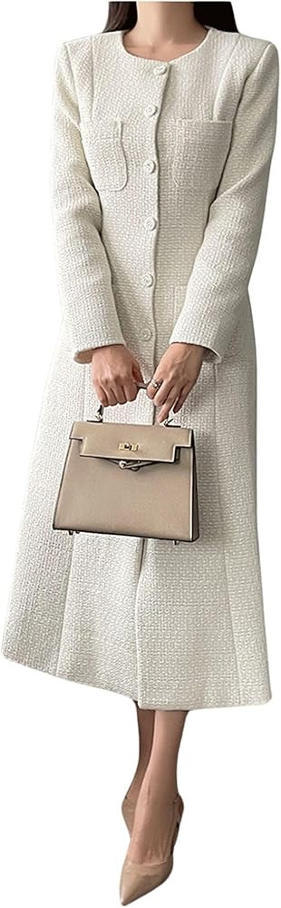 CHARTOU Women Tweed Dress Long Sleeve Single Breast Elegant Lady Long Tweed Blazer Dress | Amazon (US)