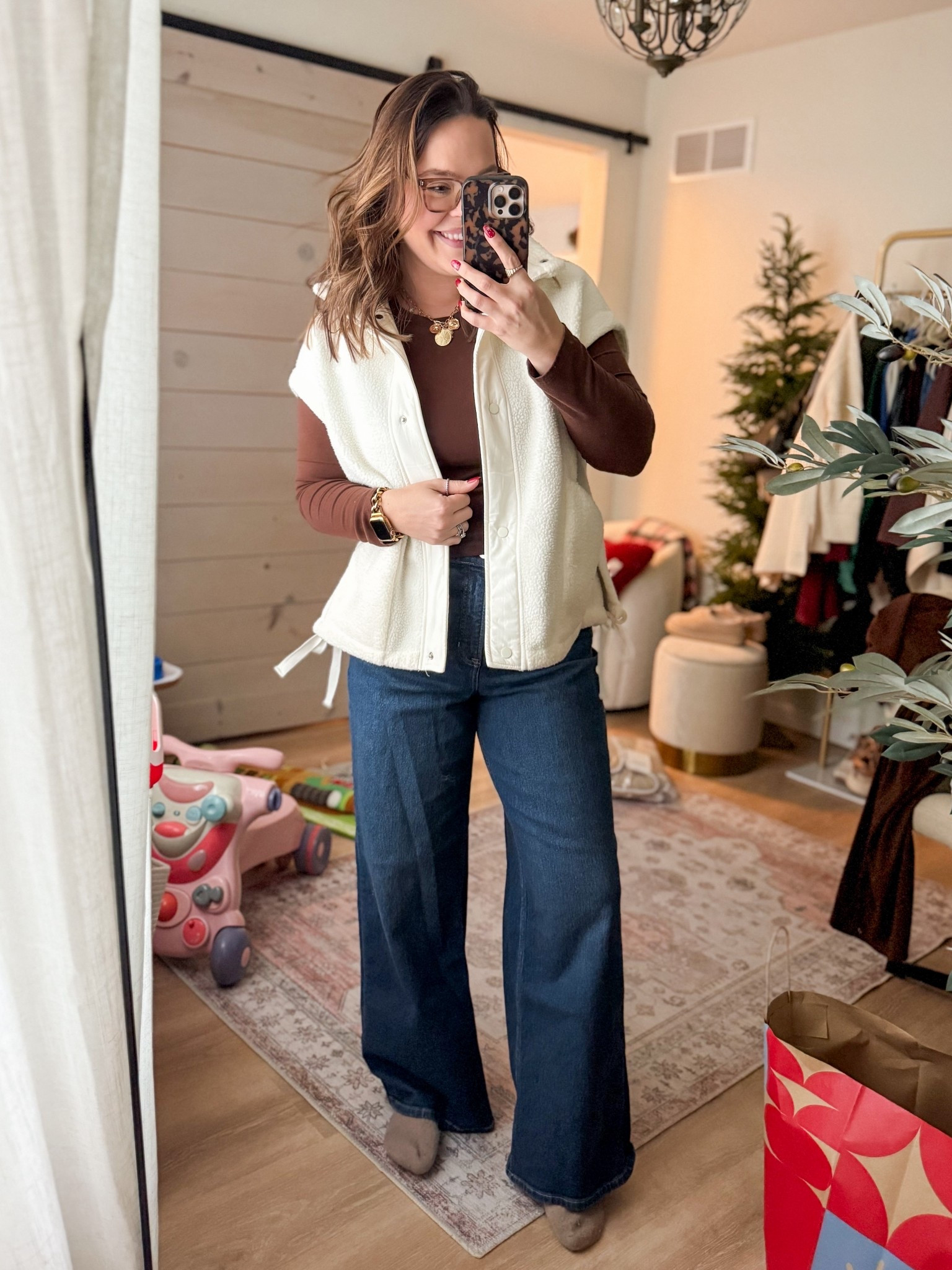 Spanx wide leg jeans in size large paired with a long sleeve and fleece vest // you could also dress up the jeans! 

#LTKMidsize #LTKSeasonal #LTKootd