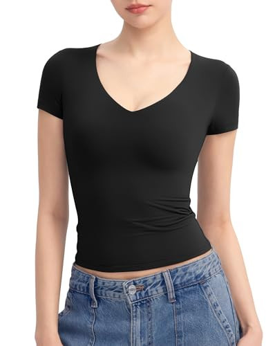 PUMIEY V Neck T Shirts for Women Short Sleeve Sexy Going Out Tops Double Lined Top Basic Tee Shirt, Jet Black Large | Amazon (US)