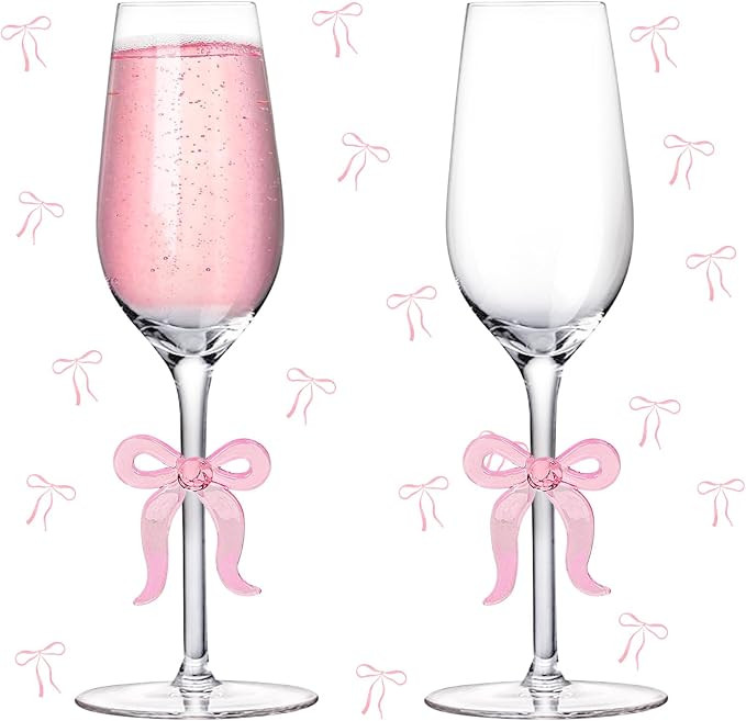 FYSUIMU Pink Bow Champagne Glasses Set of 2 Toasting Champagne Flutes Clear Glass Cocktail Wine C... | Amazon (US)