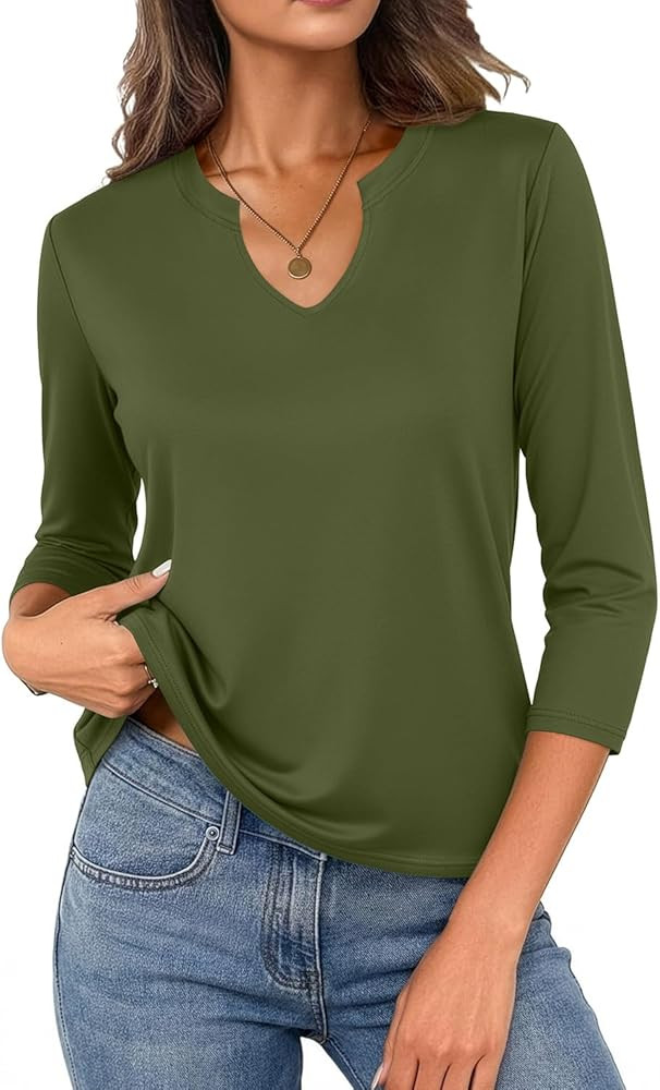 JUSTFASHIONNOW 3/4 Length Sleeve Womens Tops Cotton V Neck T Shirts Basic Casual Tees Blouses | Amazon (US)