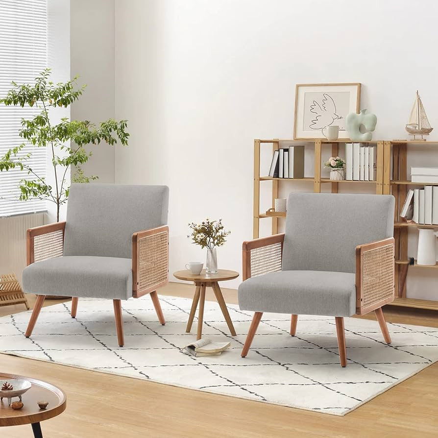 SHINEBOOM Accent Chair Set of 2 with Rattan Arms, Upholstered Mid Century Modern Chair for Bedroo... | Amazon (US)