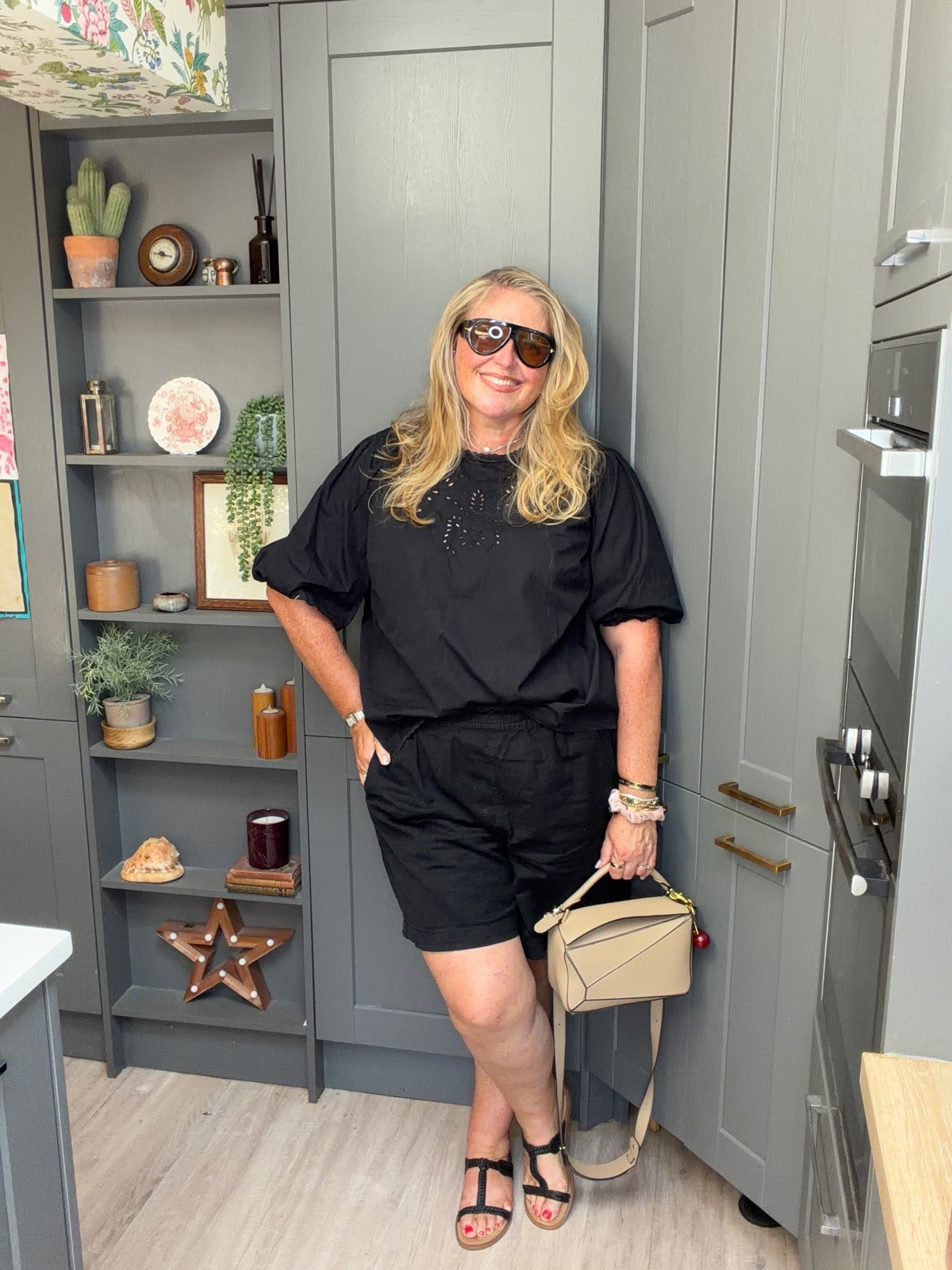 Black denim shorts, black top, black sandals, beige bag, black sunglasses

#LTKsummer #LTKplussize #LTKstyletip