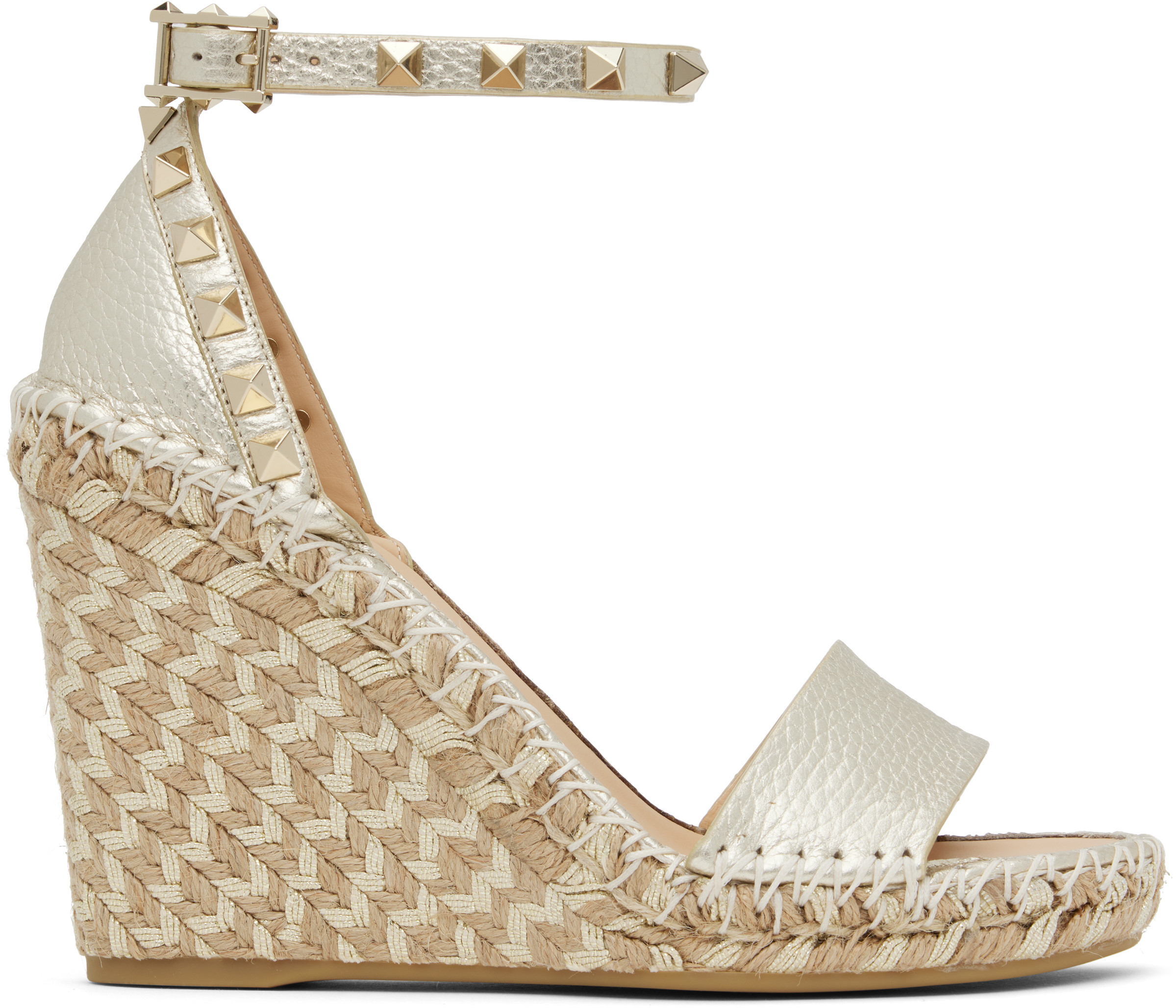 Valentino Garavani Silver Double Rockstud Grainy Calfskin Wedge Sandals | SSENSE