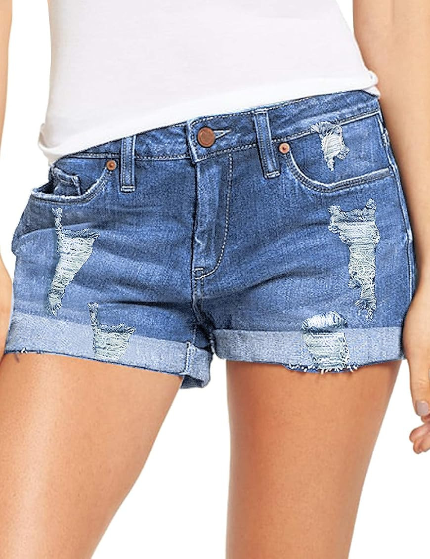 luvamia Women's Ripped Denim Jean Shorts High Waisted Stretchy Folded Hem Short Jeans | Amazon (US)