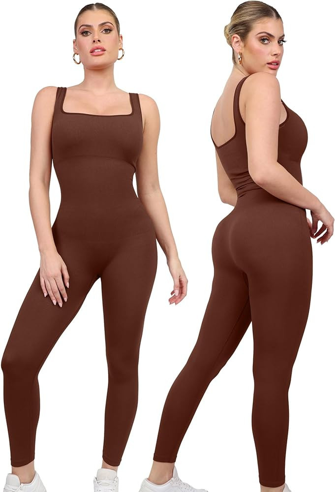 Popilush Long Sleeve Jumpsuit for Women Built-In Bra Seamless Ribbed Square Neck Full Length Body... | Amazon (US)