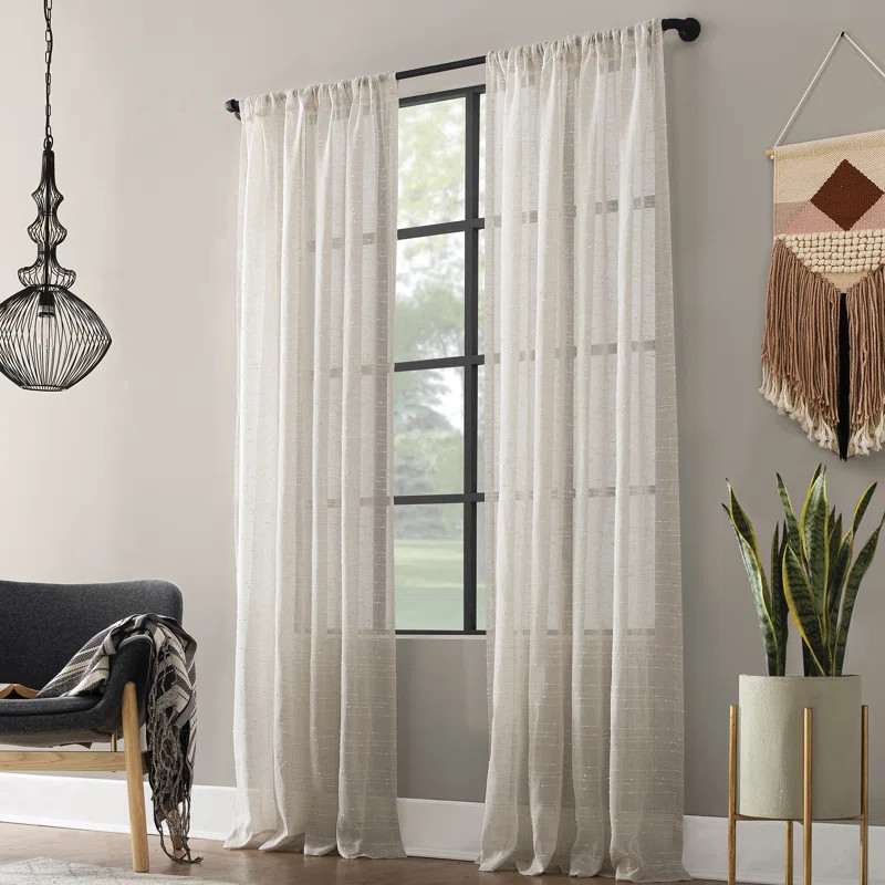 Textured Slub Anti-Dust Striped Semi-Sheer Rod Pocket Curtain Panel | Wayfair North America