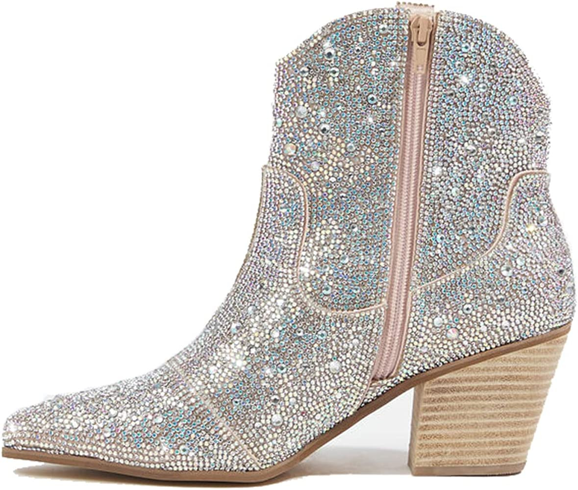 YIYA Women's Western Cowboy Rhinestone Ankle Boots Pointed Toe Mid Calf Boots Chunky Heel Pull On... | Amazon (US)
