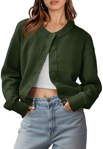 Saodimallsu Womens Button Up Cardigans Fall Trendy Crew Neck Long Sleeve Knit Cropped Sweater Jac... | Amazon (US)