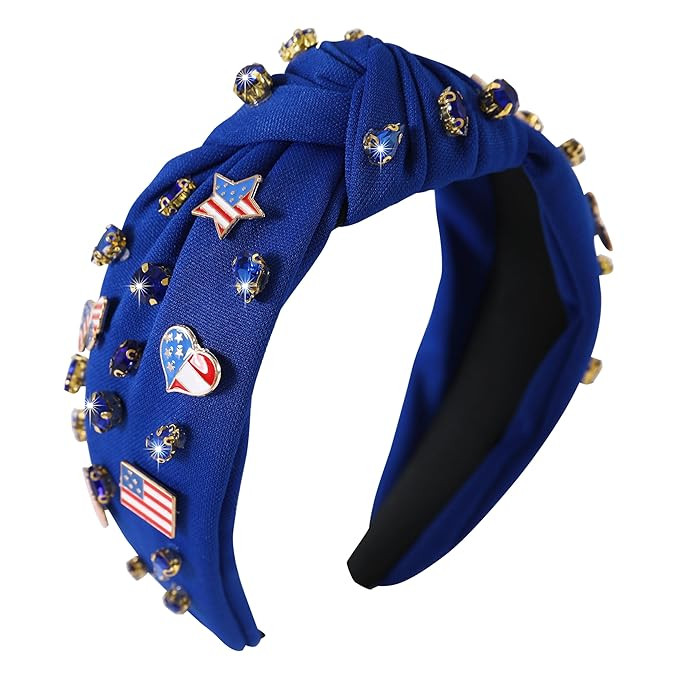 4th of July Knotted Headbands for Women Girls Sparkly Beaded Rhinestone Flag Headband Bejeweled W... | Amazon (US)