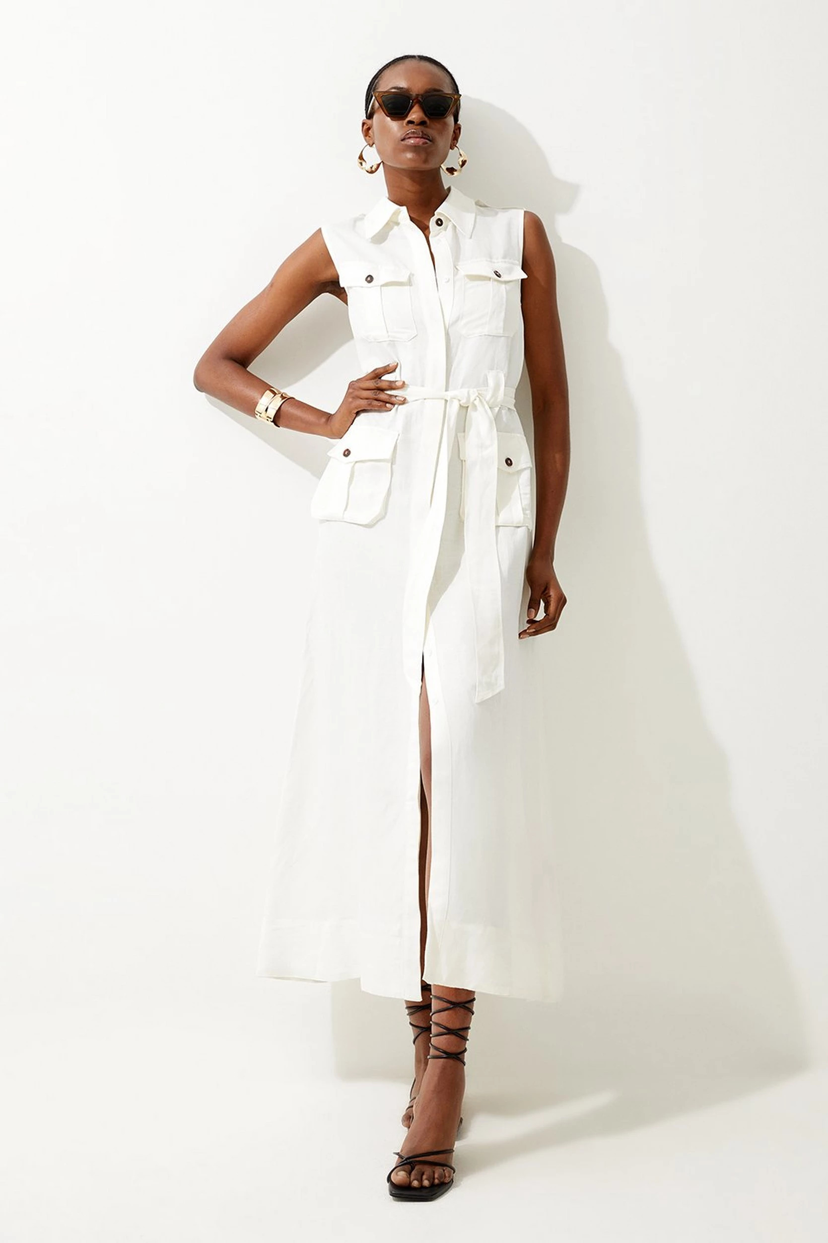 Viscose Linen Sleeveless Maxi Shirt Dress | Karen Millen UK + IE + DE + NL
