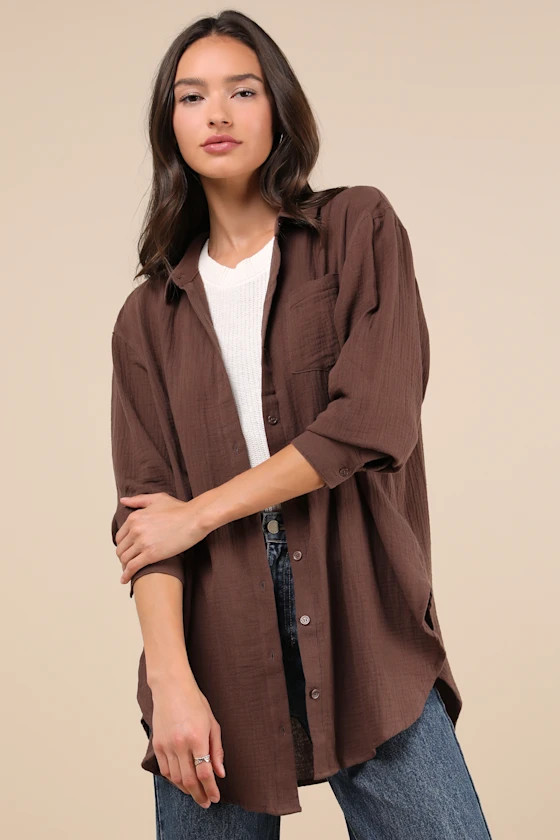 Easy To See Dark Brown Oversized Button-Up Top | Lulus