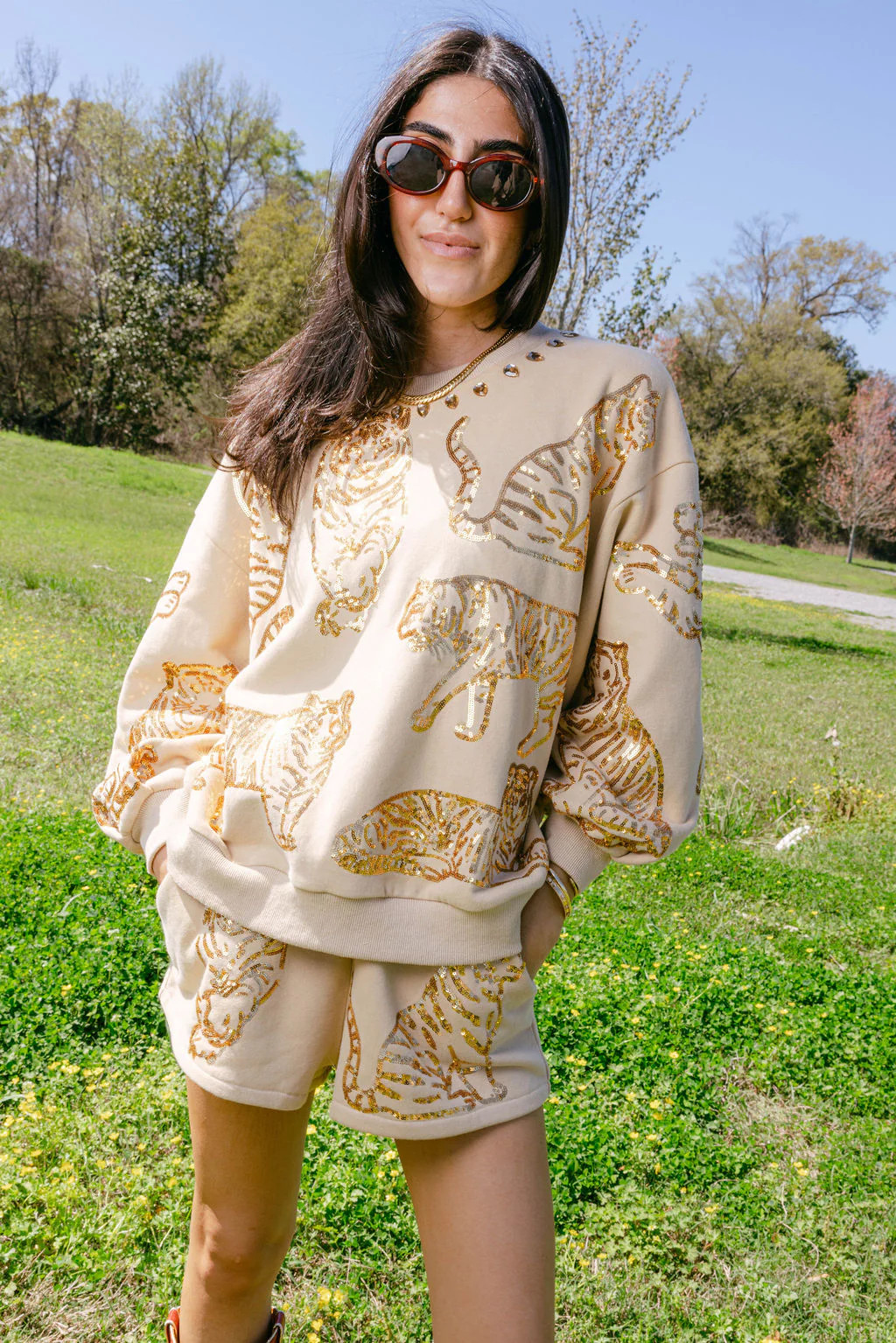 Beige & Gold All Over Tiger Sweatshirt | Queen of Sparkles
