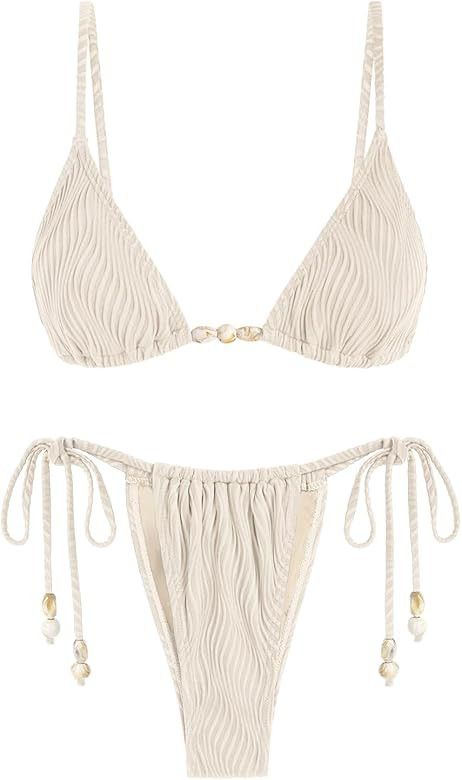 seamoly Women's Bikini Sets Ribbed Beaded Adjustable Spaghetti Strap Swimsuit Tie Side Thong Sexy... | Amazon (US)