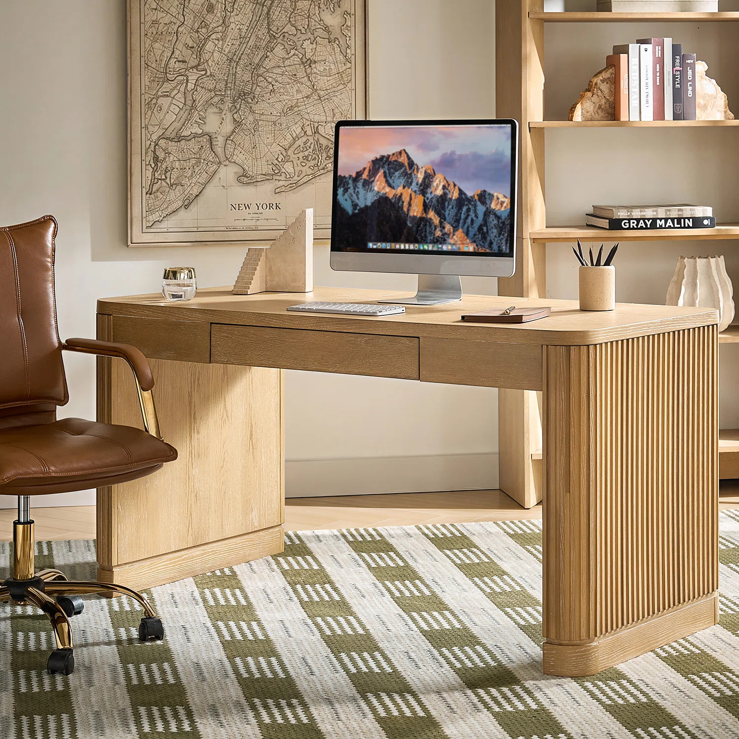 Kaybri Aranza 60”W Solid Wood Base Fluted Desk with Cable Management and Power Outlets | Wayfair North America