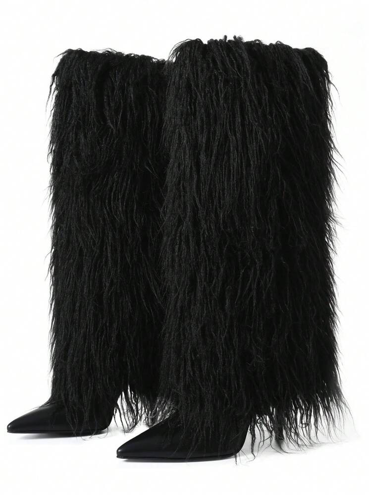 Fur Knee High Boots For Woman Stiletto Heeled Women's Boots Furry Half Boots Wide Calf Pointed Toe Long Winter Boots Fluffy Boots | SHEIN